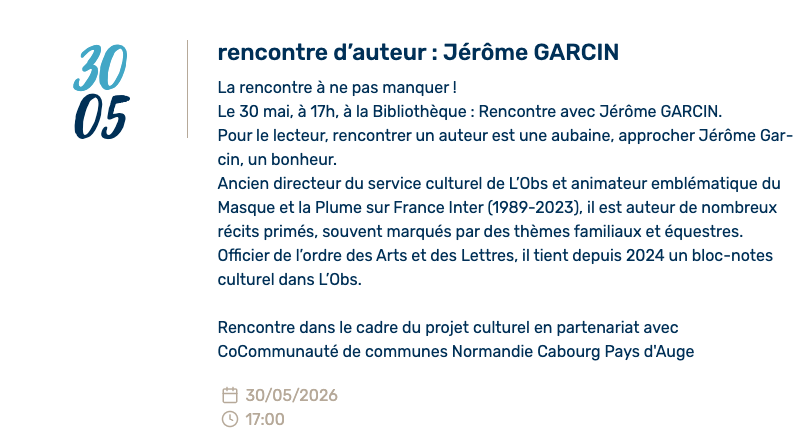 Annonce de la rencontre d'auteur avec Jérôme Garcin à Merville-Franceville le 30 mai 2026