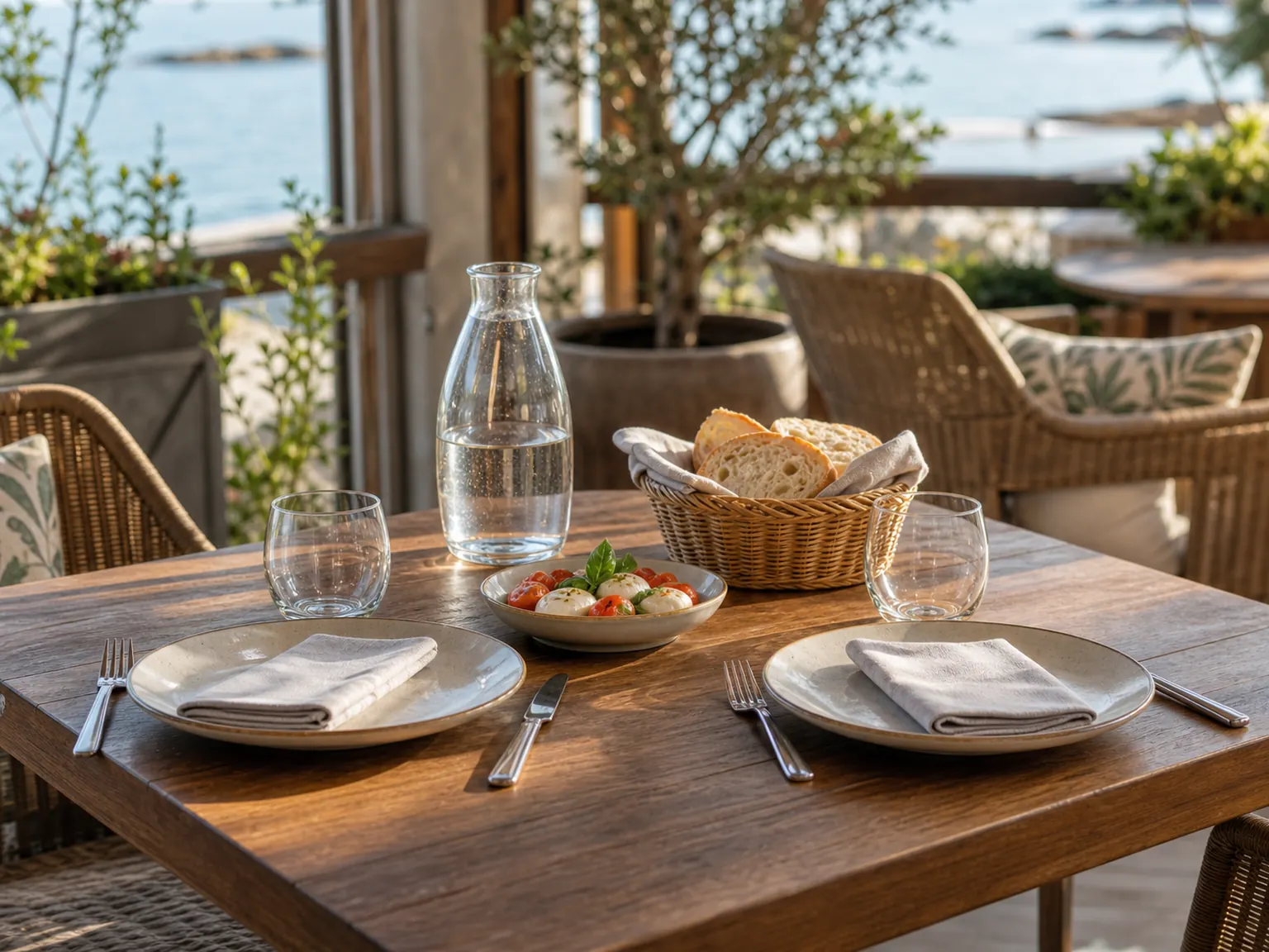 Table en terrasse au Novoli à Merville-Franceville-Plage avec assiettes à partager