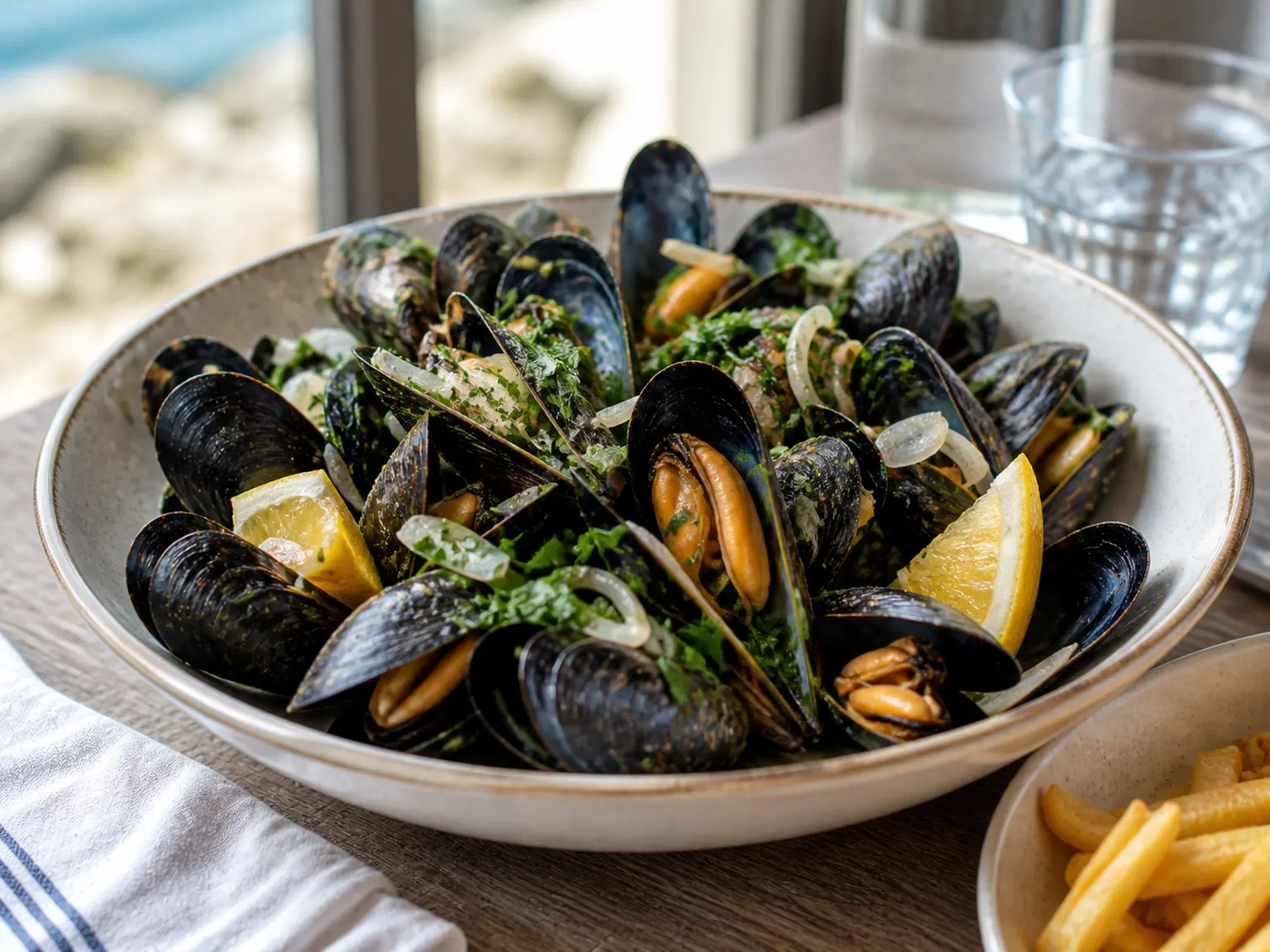 Moules servies avec citron et herbes dans un restaurant de bord de mer